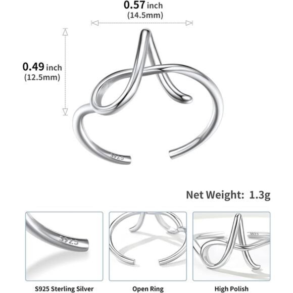 S925 Initial Rings, Adjustable Size 6-12 Statement Alphabet Letter A-Z Jewelry - Picture 6 of 7